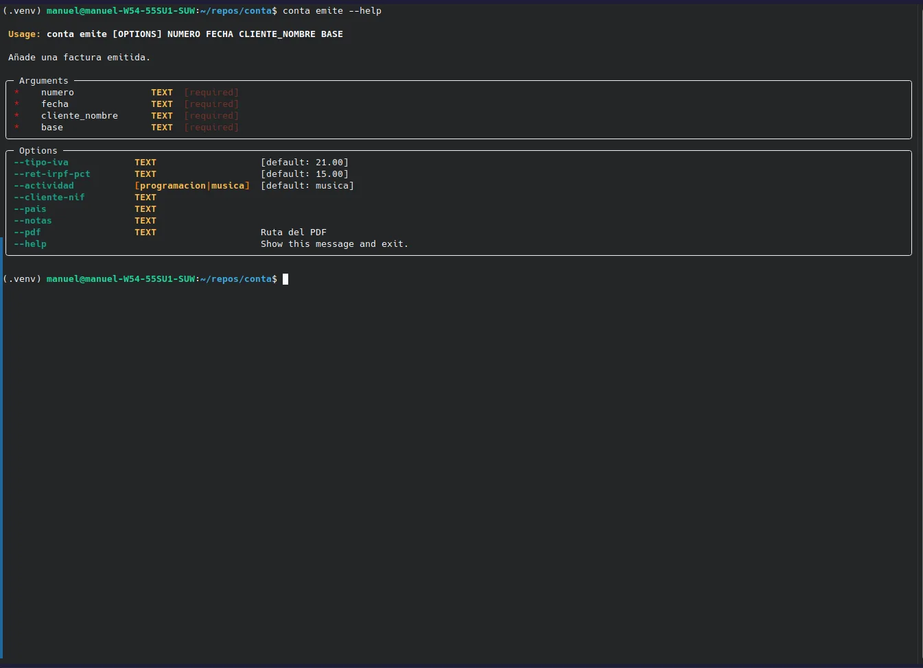 Conta command usage for issuing an invoice