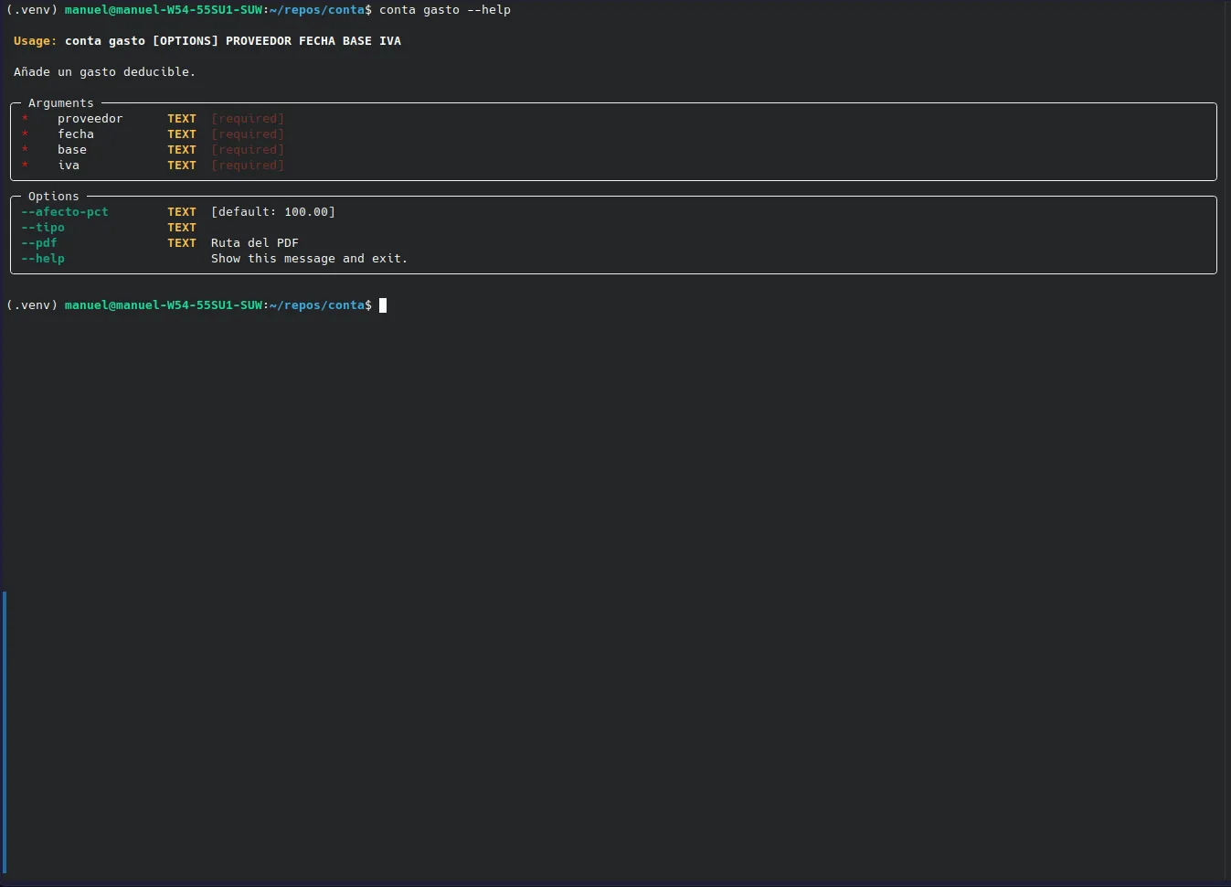 Conta command usage for recording an expense