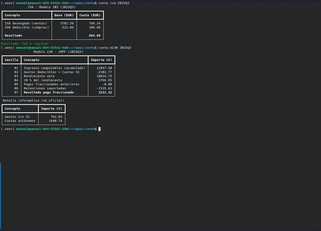 Conta Spanish tax report forms for a given quarter