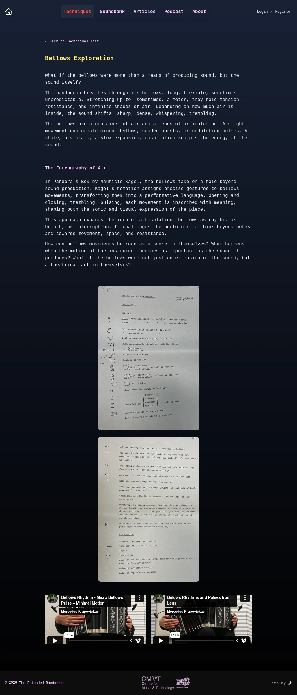 Technique detail page with embedded video and music sheets