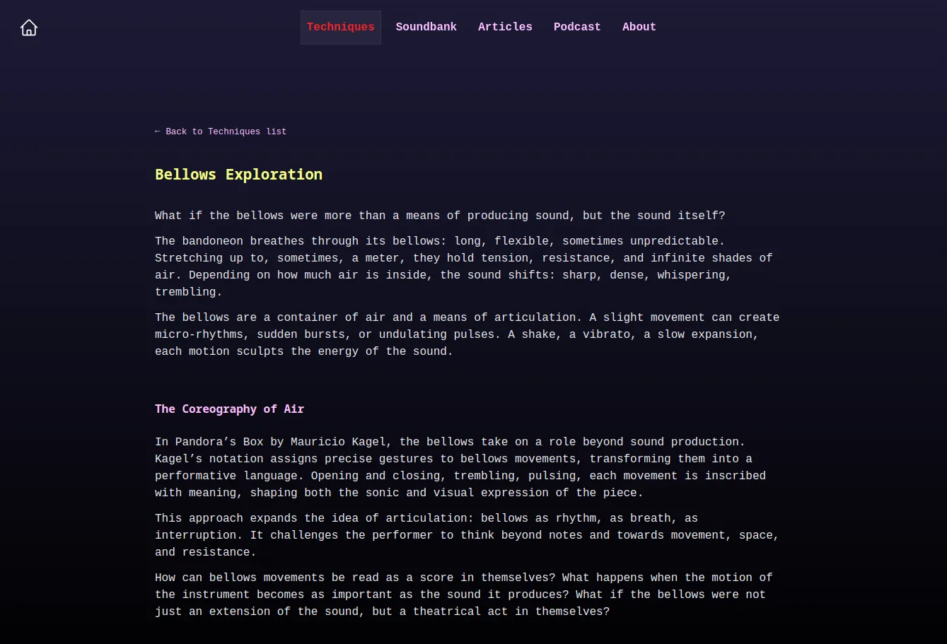 Technique detail page with embedded video and music sheets