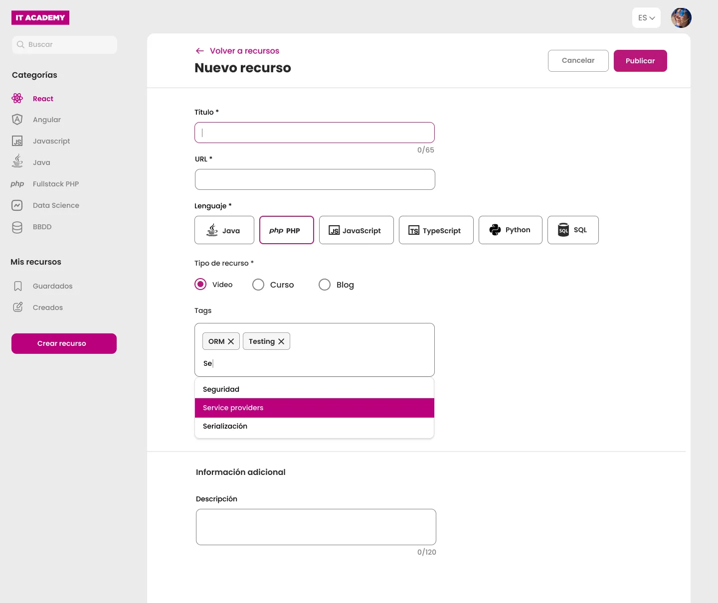 Create challenge screen