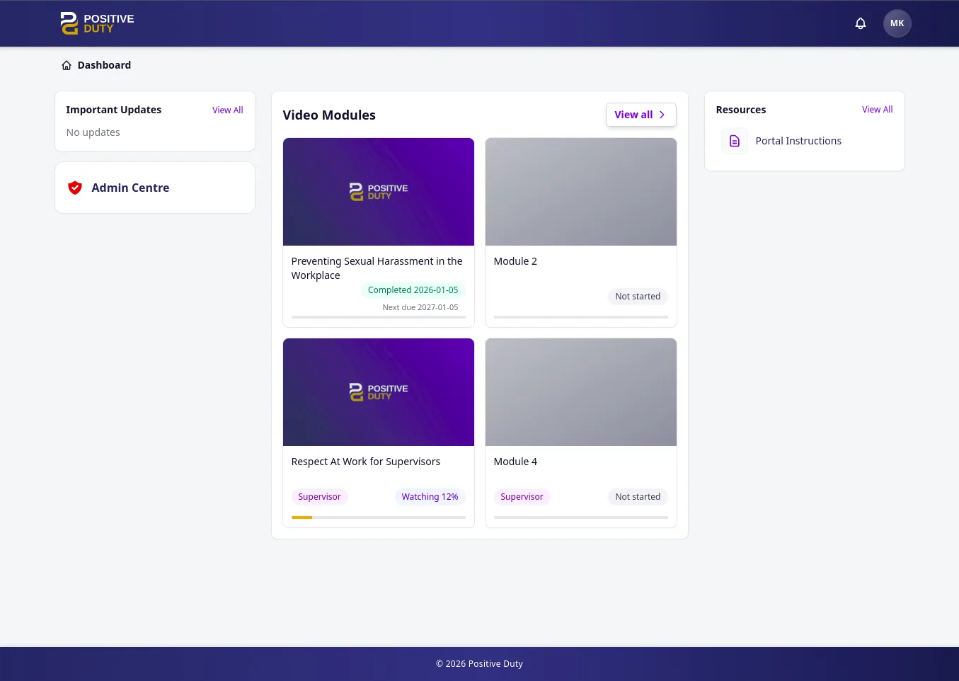 Positive Duty user dashboard