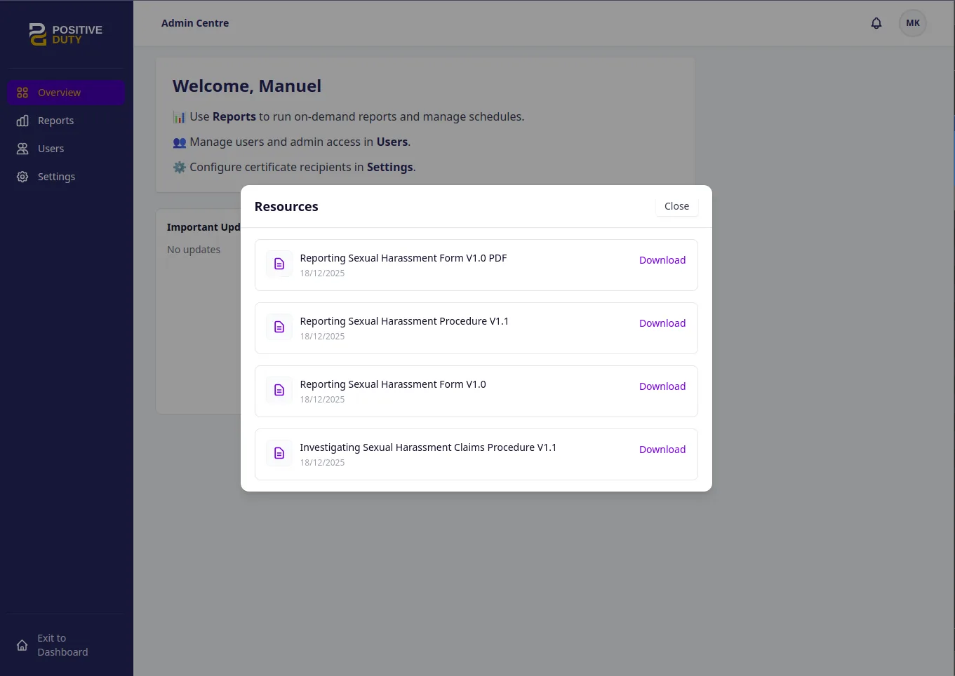 Positive Duty resources modal