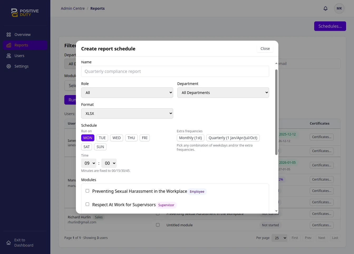 Positive Duty create report modal