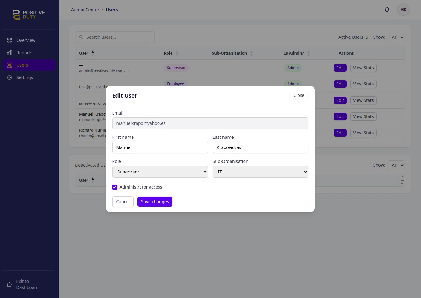 Positive Duty edit user modal