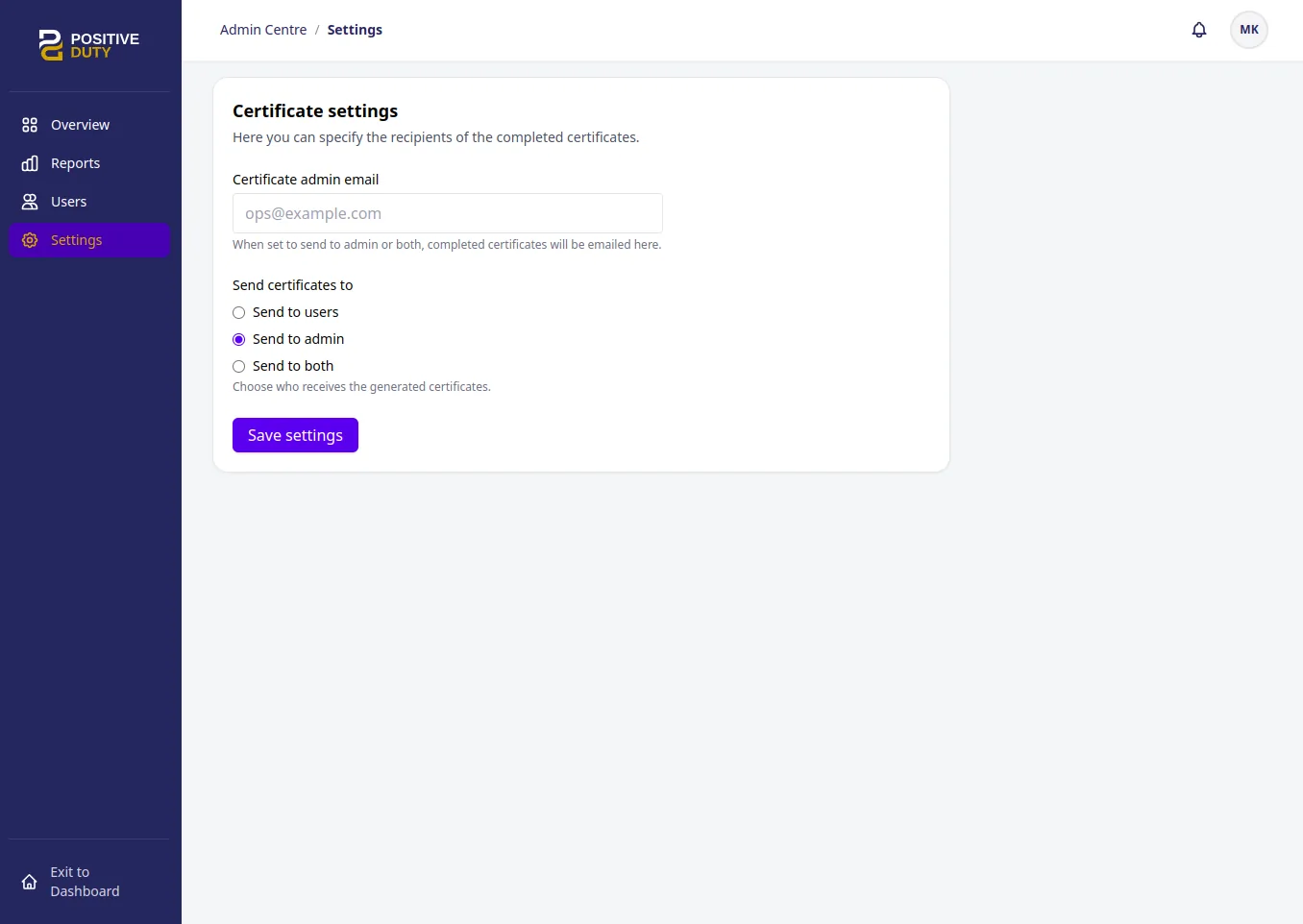 Positive Duty admin centre settings