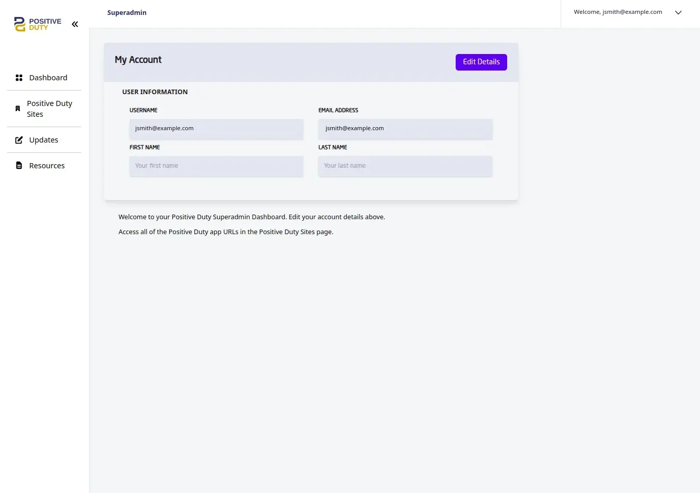 Positive Duty super admin dashboard
