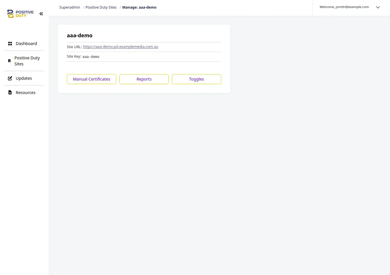 Positive Duty super admin site management