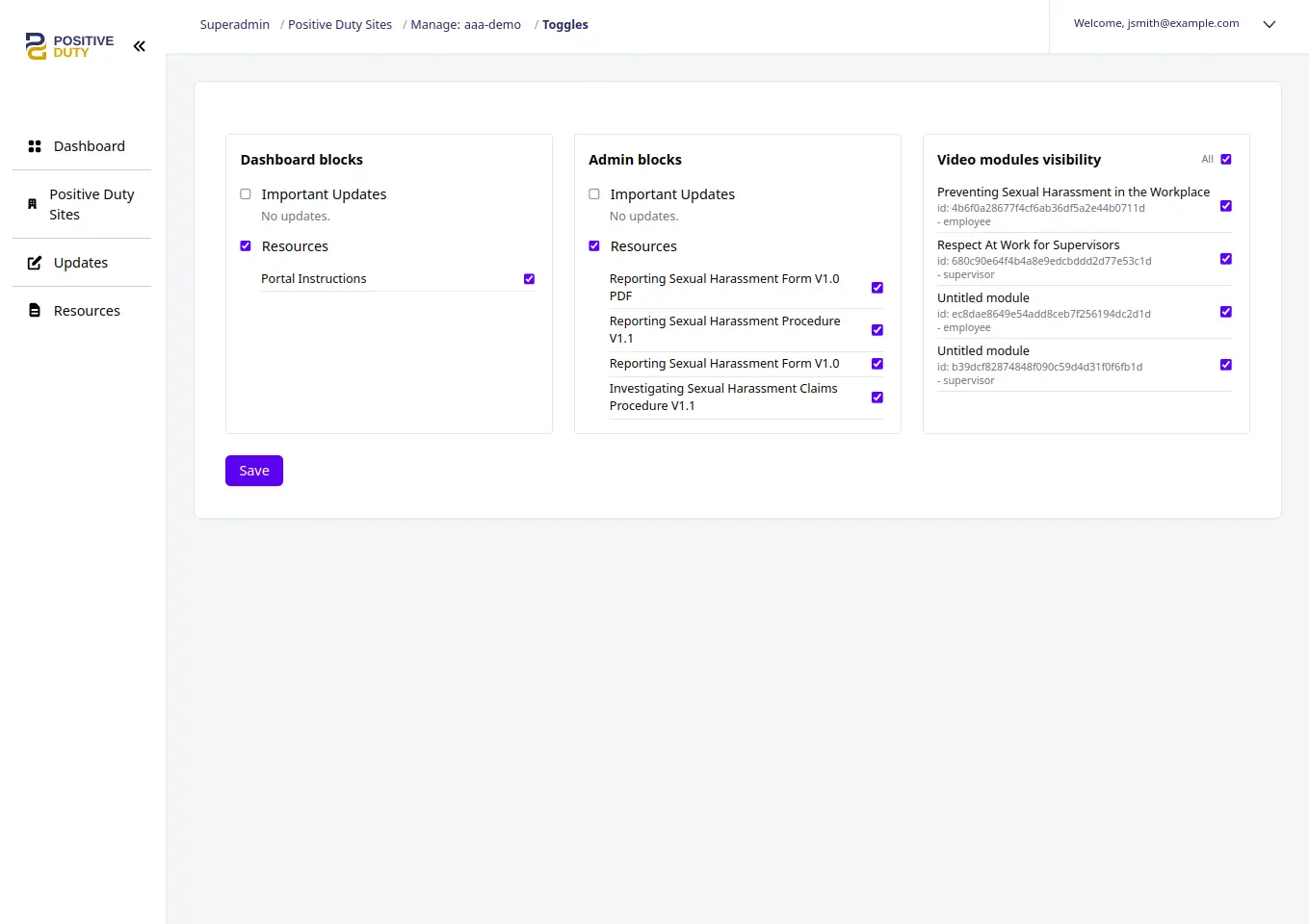 Positive Duty super admin resources and video modules visibility toggles