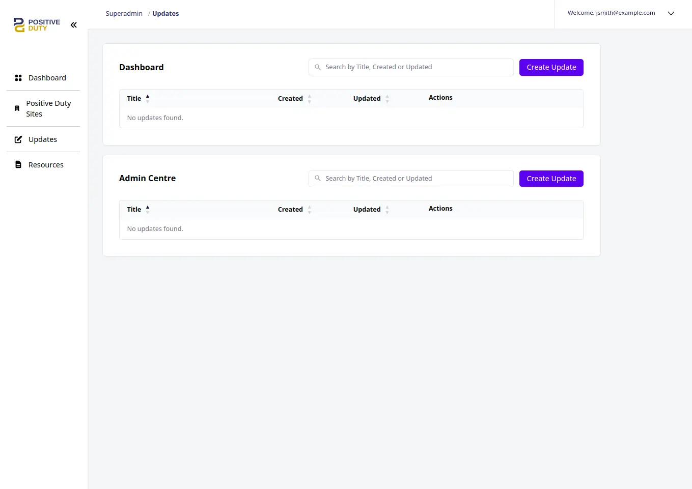 Positive Duty super admin blog style updates management
