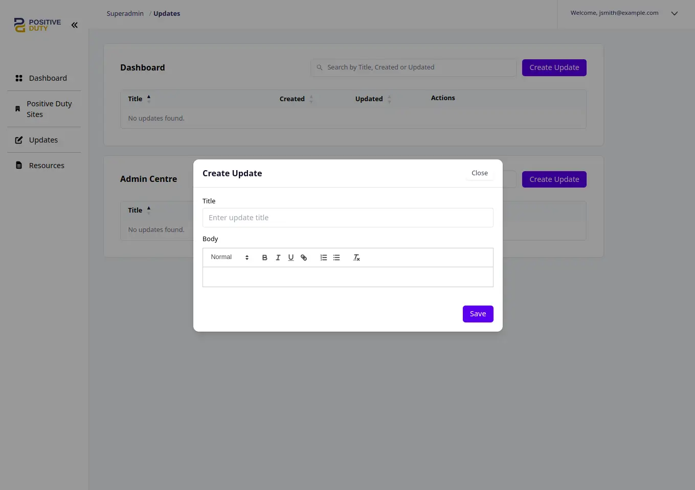 Positive Duty super admin update creation modal dialog