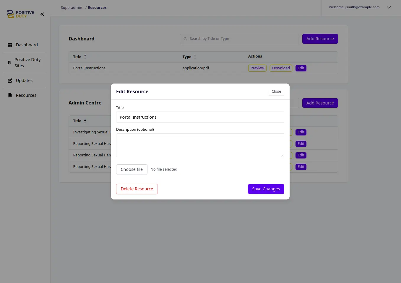 Positive Duty super admin resources edition modal dialog