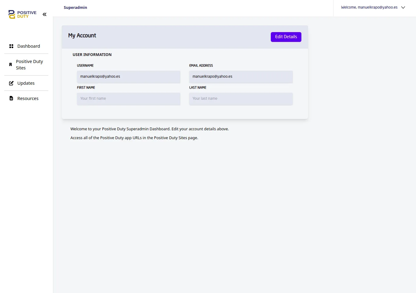 Positive Duty super admin dashboard