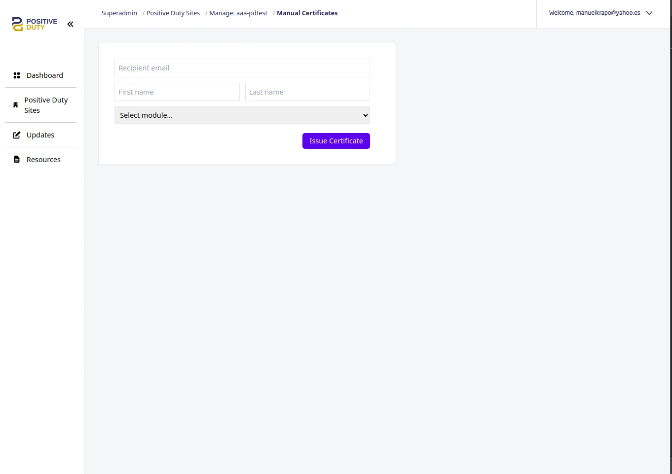 Positive Duty super admin manual certificate generation